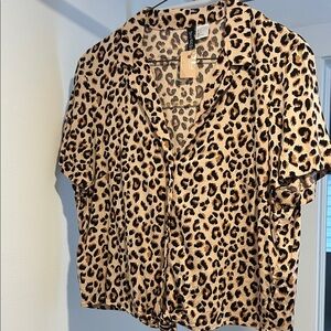 Chelsea28 Leopard Print Short Sleeve Button-Front Top - Tan and Black